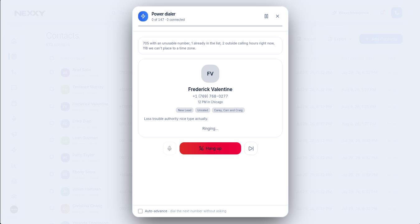 The Power Dialer mid-call showing contact context, local time and auto-advance option