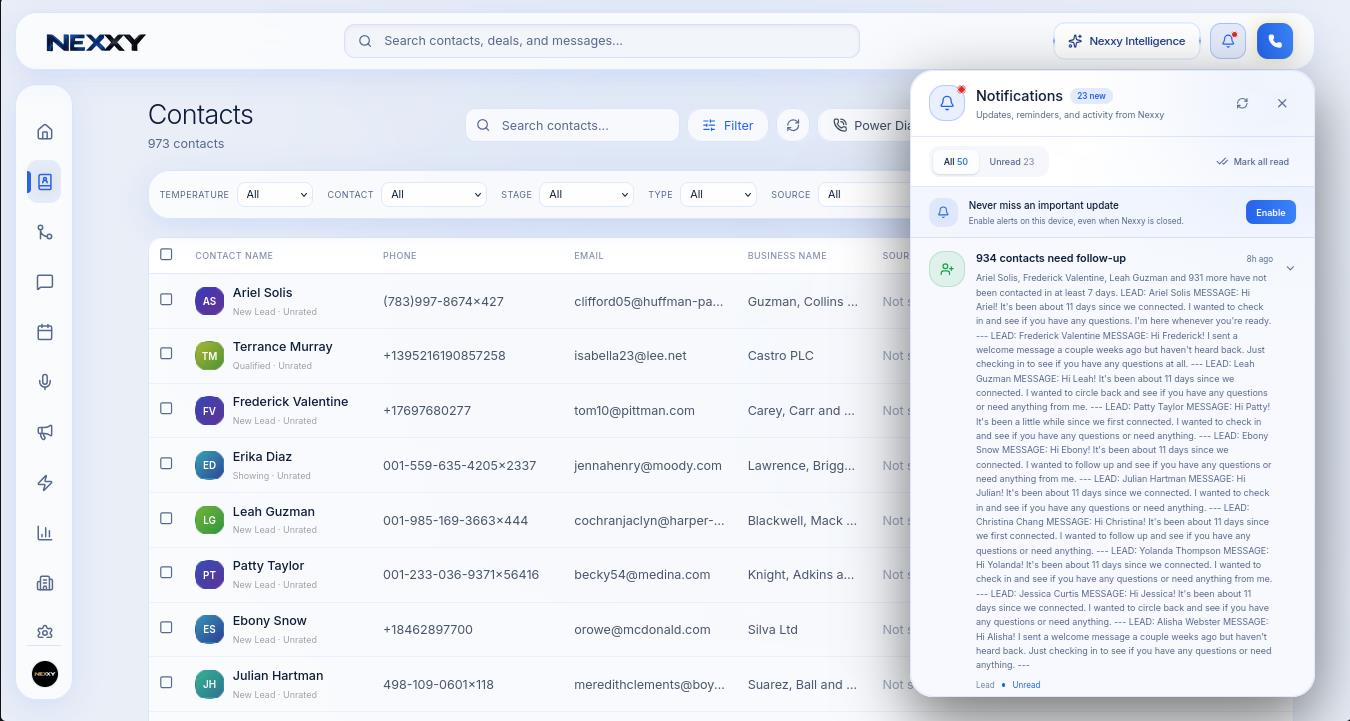 The notifications panel with All and Unread tabs and follow-up alerts