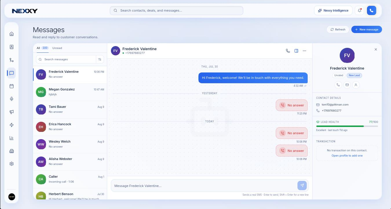 The Messages inbox with sidebar, message thread and contact panel showing Lead Health 77/100