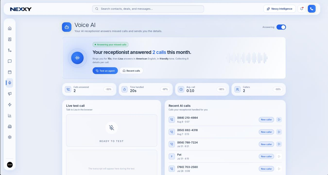 The Voice AI page with receptionist status, stats, live test call and recent AI calls