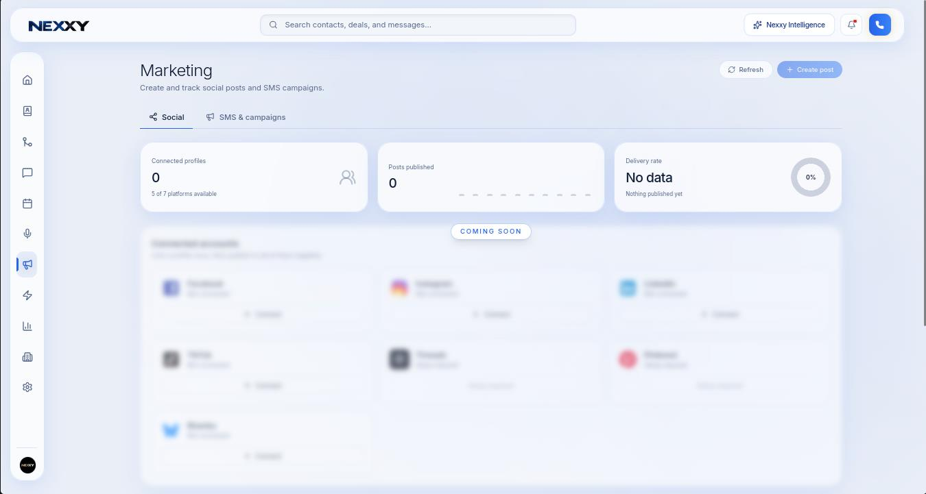 The Marketing hub showing the Social tab with connected profiles, coming soon