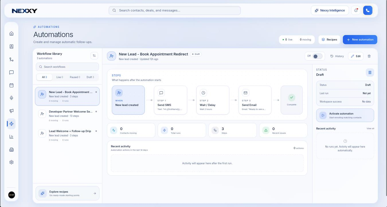 The workflow library and a workflow's steps from trigger to SMS, delay and email