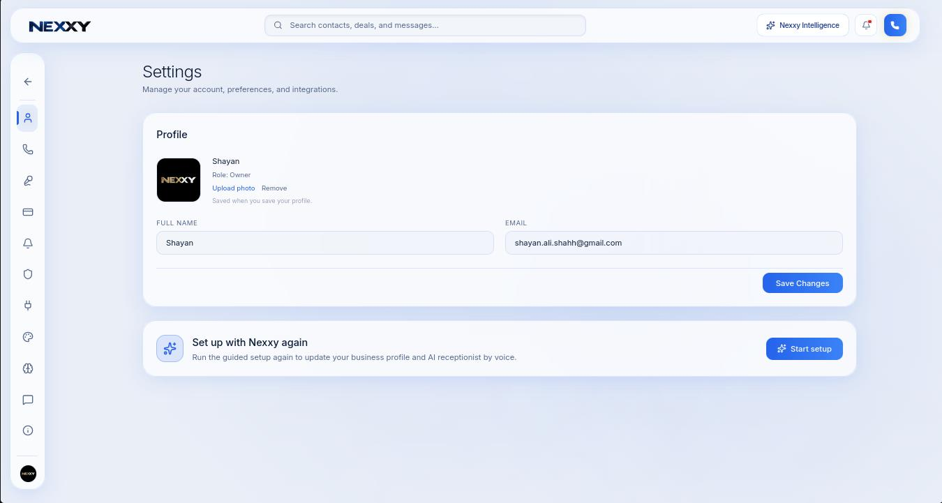 Settings showing the profile section and the Set up with Nexxy again option