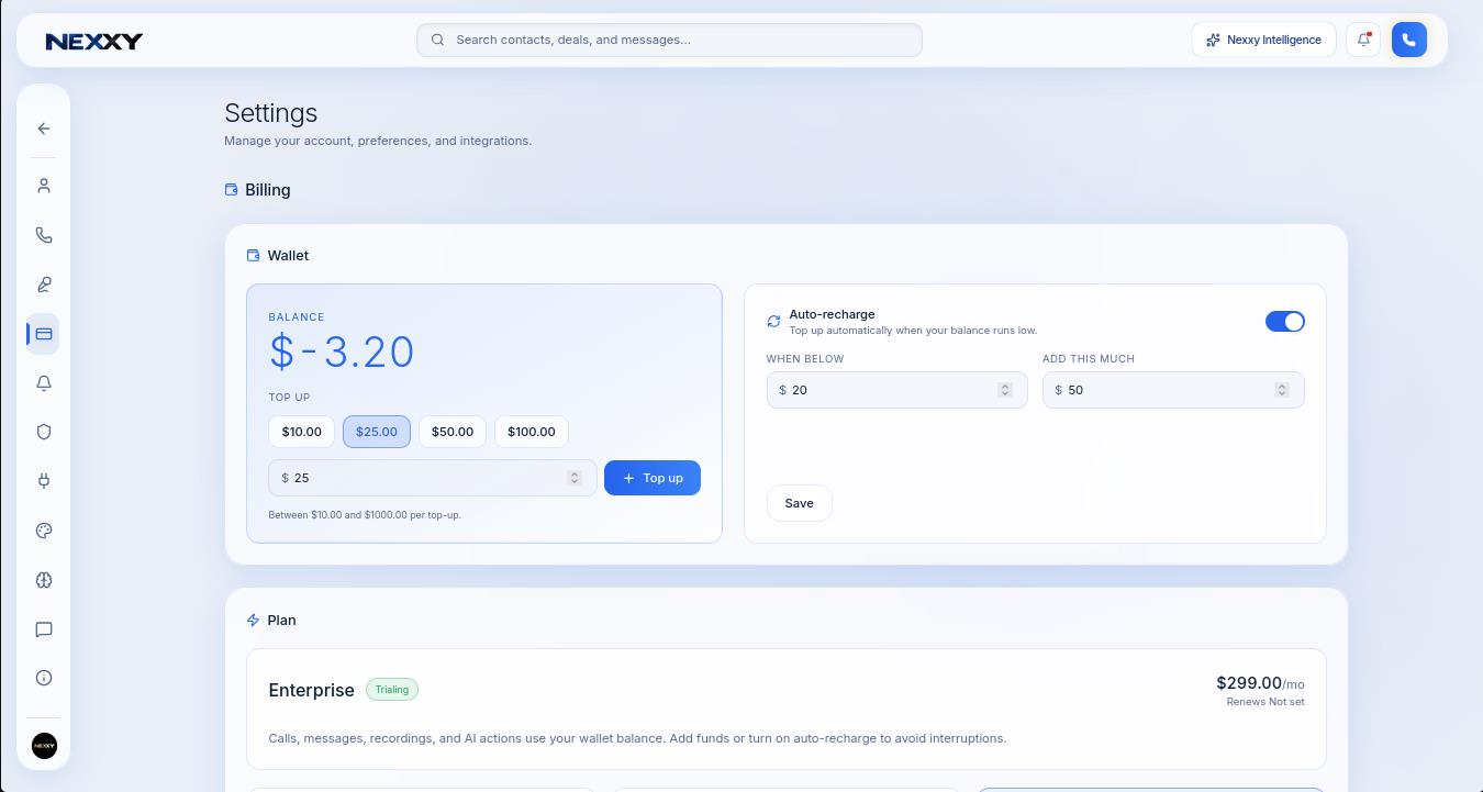 Billing settings showing wallet balance, auto-recharge and plan details