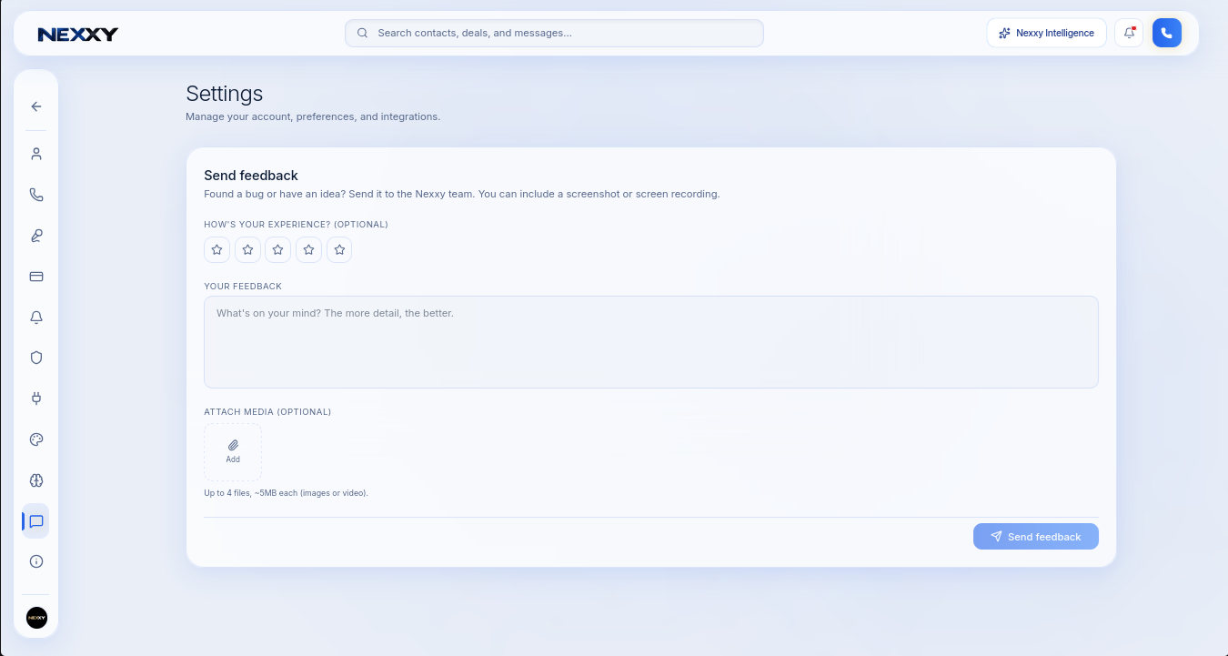 The Send feedback form with star rating, text area and attach media option